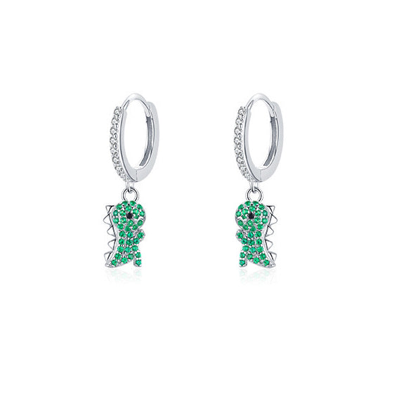 Sterling Silver Green Dinosaur Hoop Earrings