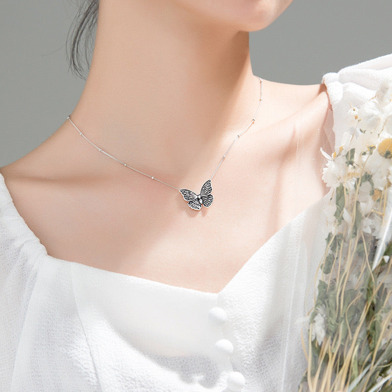 Sterling Silver Vintage Flying Butterfly Pendant Necklace