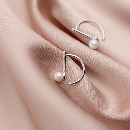 Sterling Silver Geometric Pearl Hoop Earrings