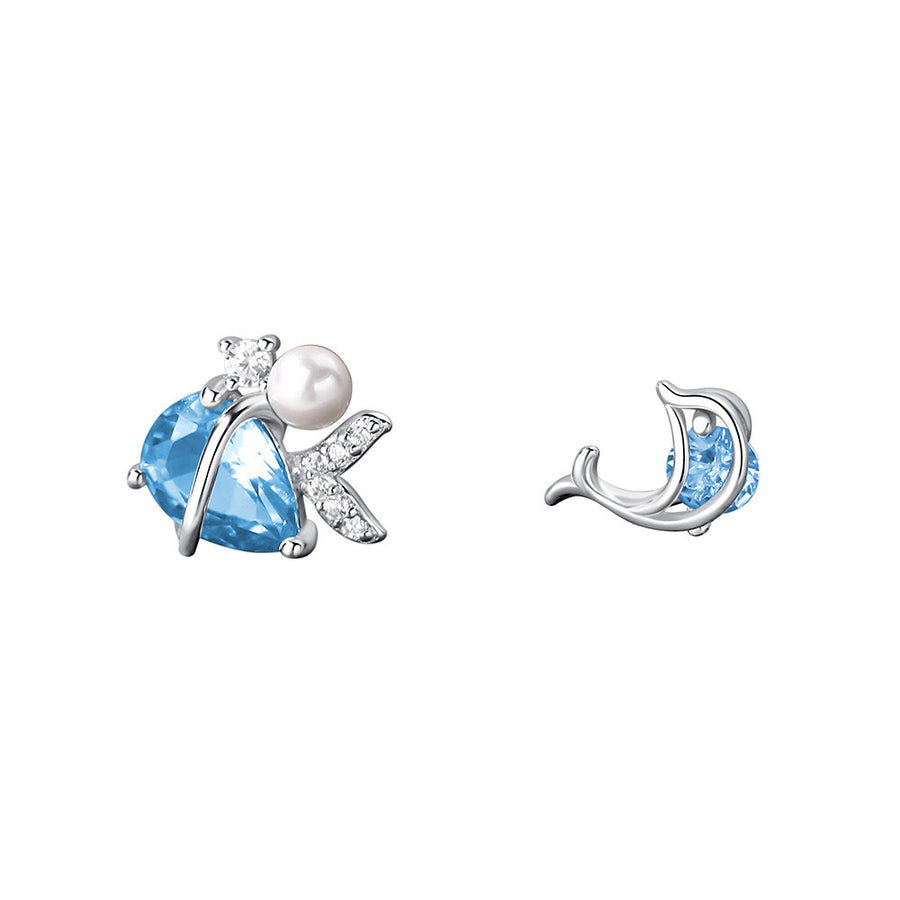 Sterling Silver Blue Mermaid and Dolphin Stud Earrings