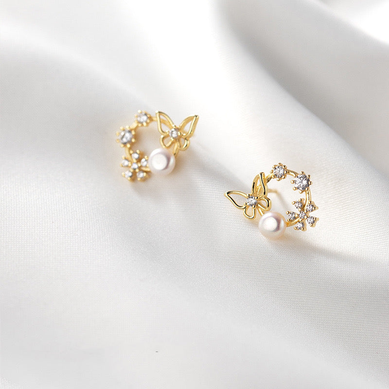 Gold Plated Sterling Silver Freshwater Pearl Butterfly Earrings