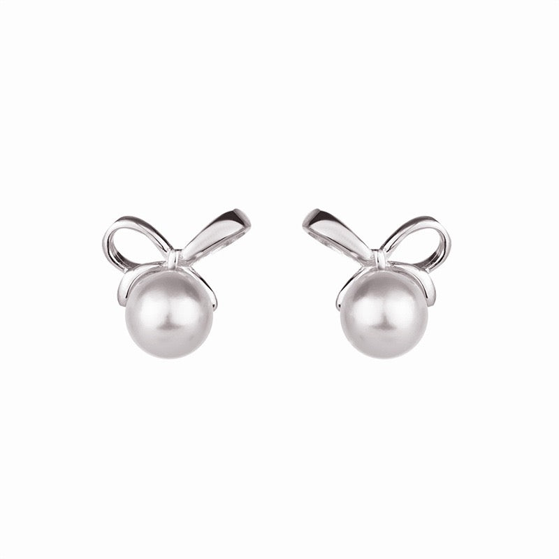 Shell Pearl Bowknot Stud Earrings in Sterling Silver