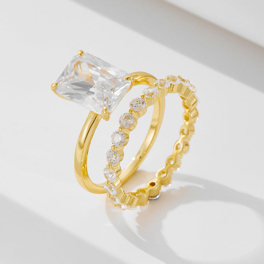 Emerald Cut Eternity Silver Engagement Ring Set