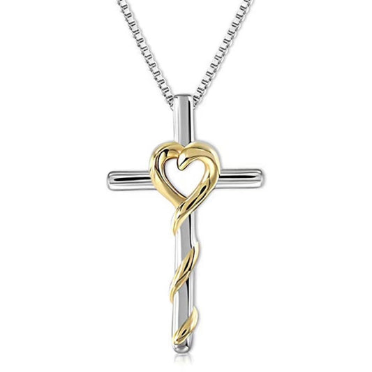 Sterling Silver Love Heart Twist Cross Pendant Necklace