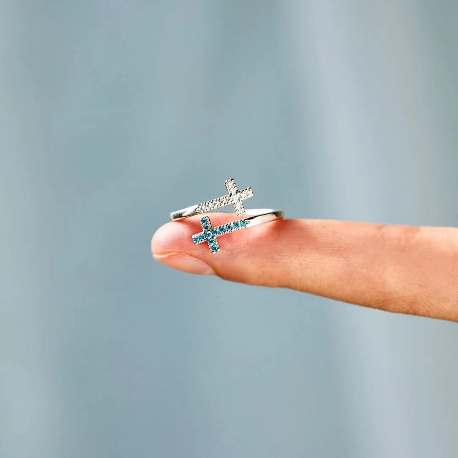 Sterling Silver Double Cross Open Ring