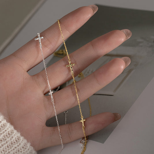 Sterling Silver Sideways Cross Choker Necklace