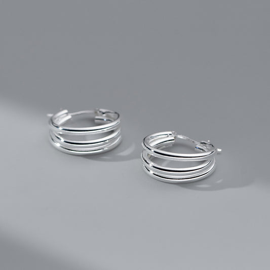 Sterling Silver High Polished Triple Layered Hoop Earrings