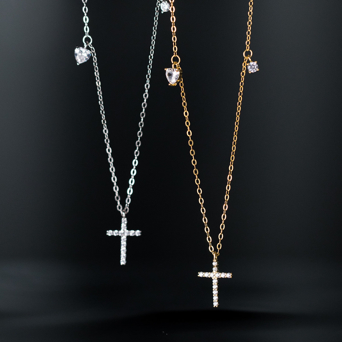 Sterling Silver Cross & Heart Charm Necklace