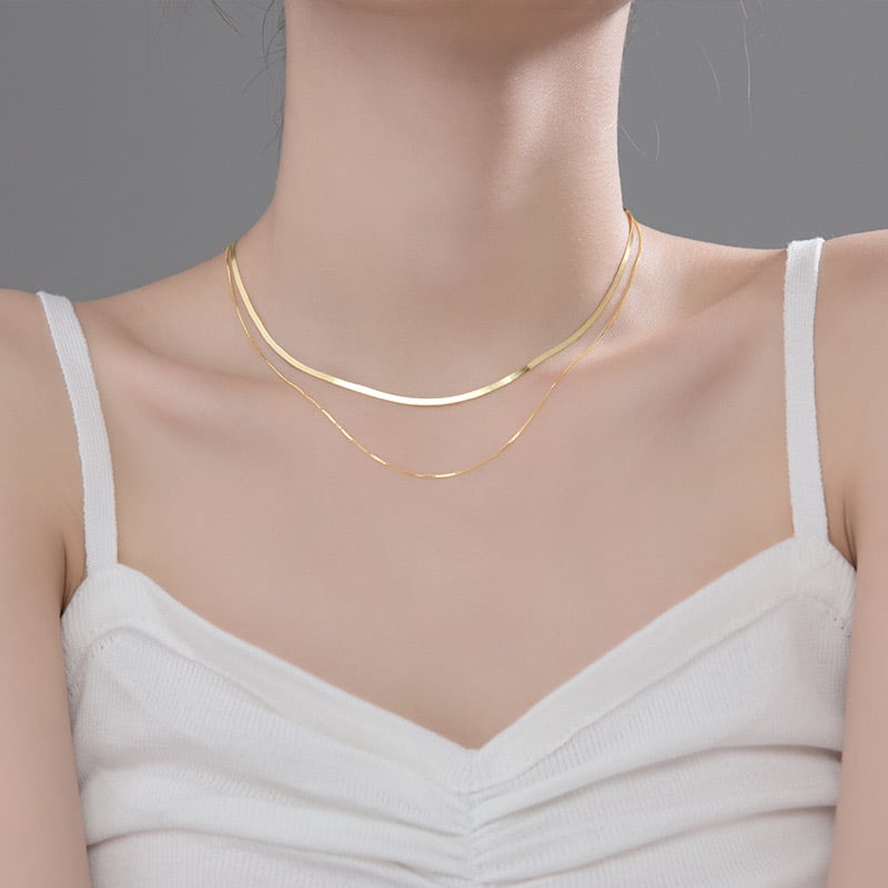 Double Layer Box and Snake Chain Necklace in Solid Sterling Silver