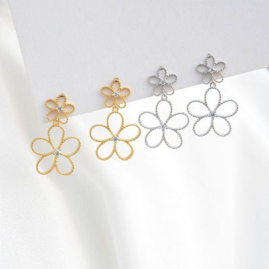 Double CZ Hollow Flower Sterling Silver Stud Earrings