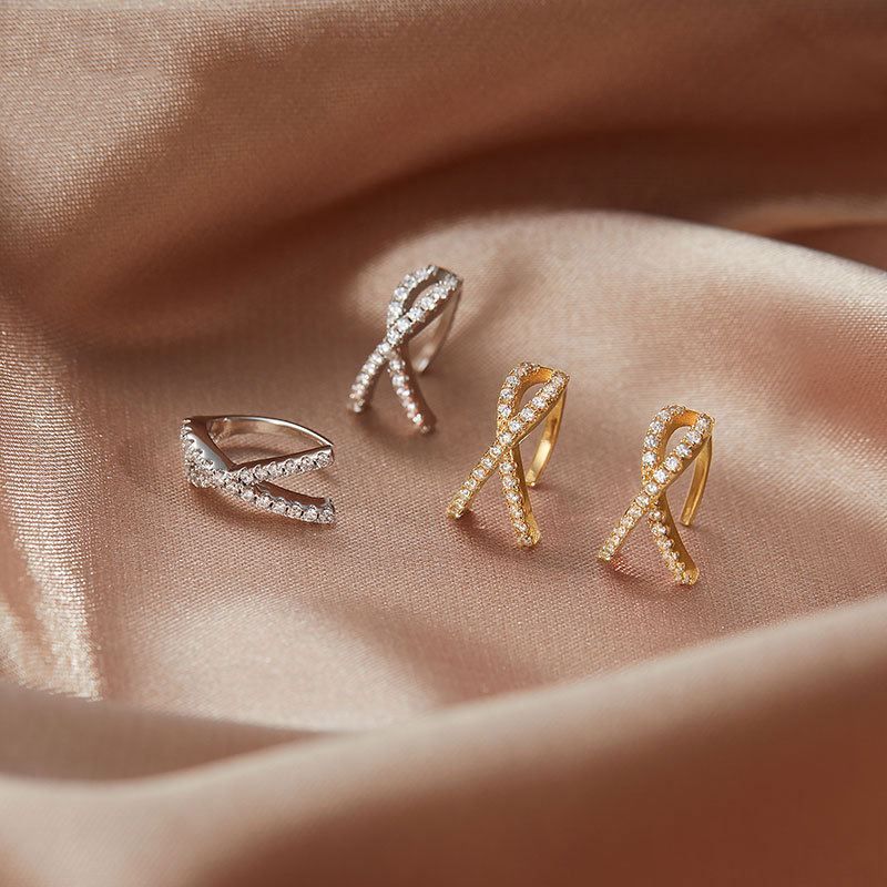 X-Shaped Crystal Non-Pierced Earrings, 925 Sterling Silver