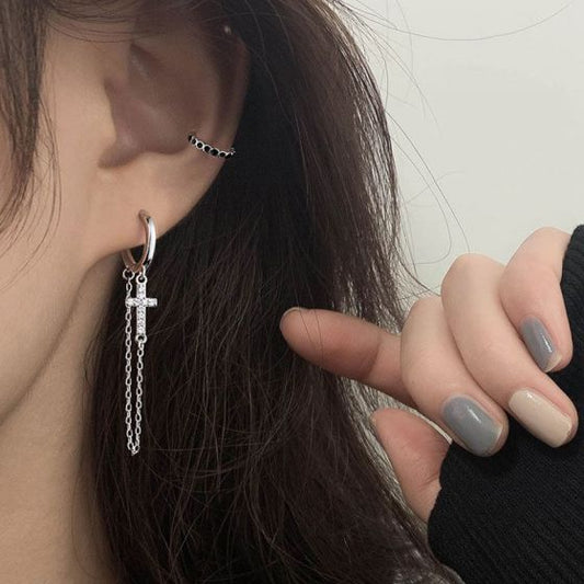 CZ Cross Chain Tassel Earrings, 925 Sterling Silver