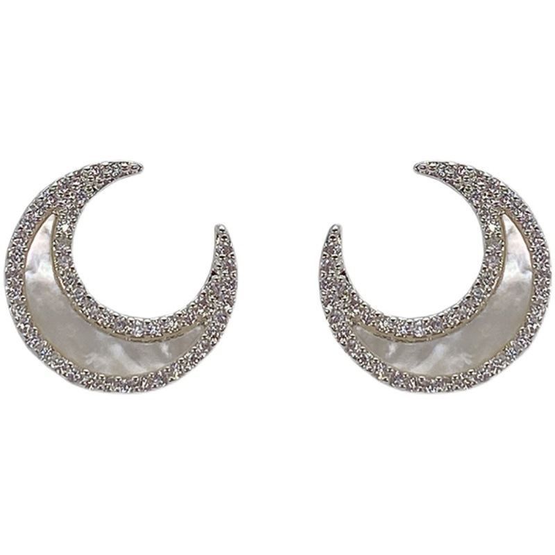 Natural Fritillaria Crescent Moon 925 Sterling Silver Stud Earrings