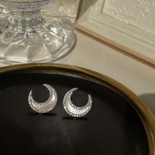Natural Fritillaria Crescent Moon 925 Sterling Silver Stud Earrings