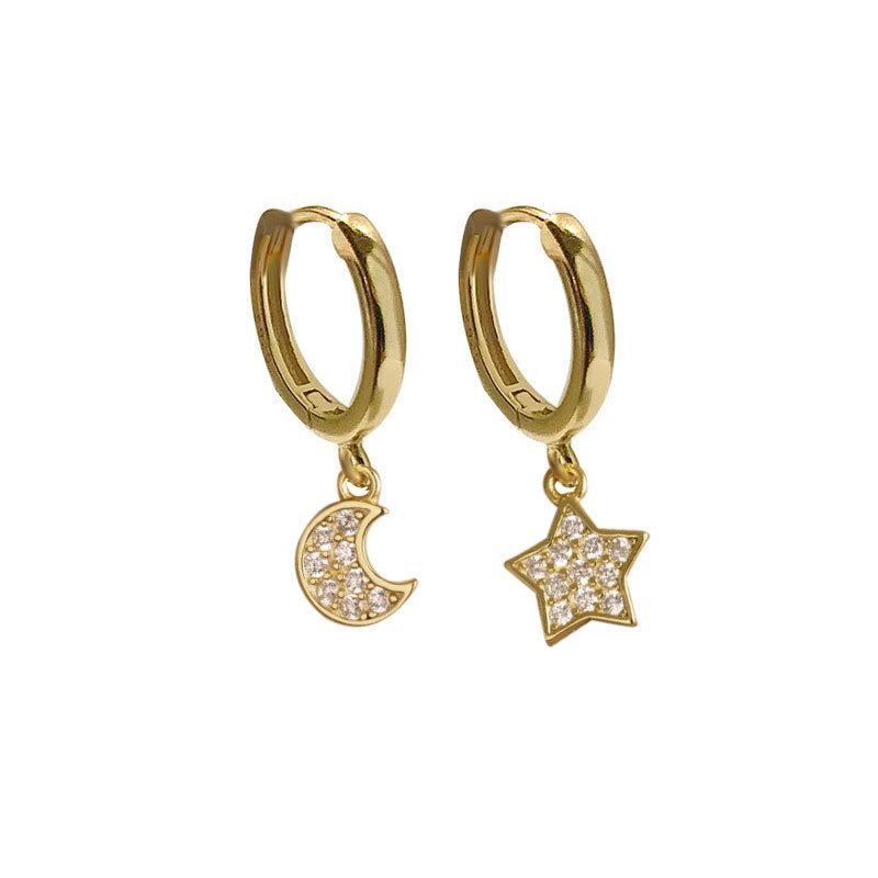 Asymmetry Crystal Star and Crescent Moon Sterling Silver Hoop Earrings