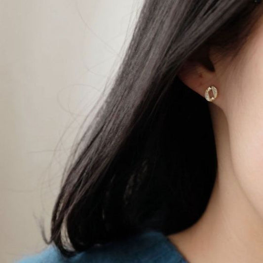 Irregular Hollow Coin CZ Sterling Silver Stud Earrings