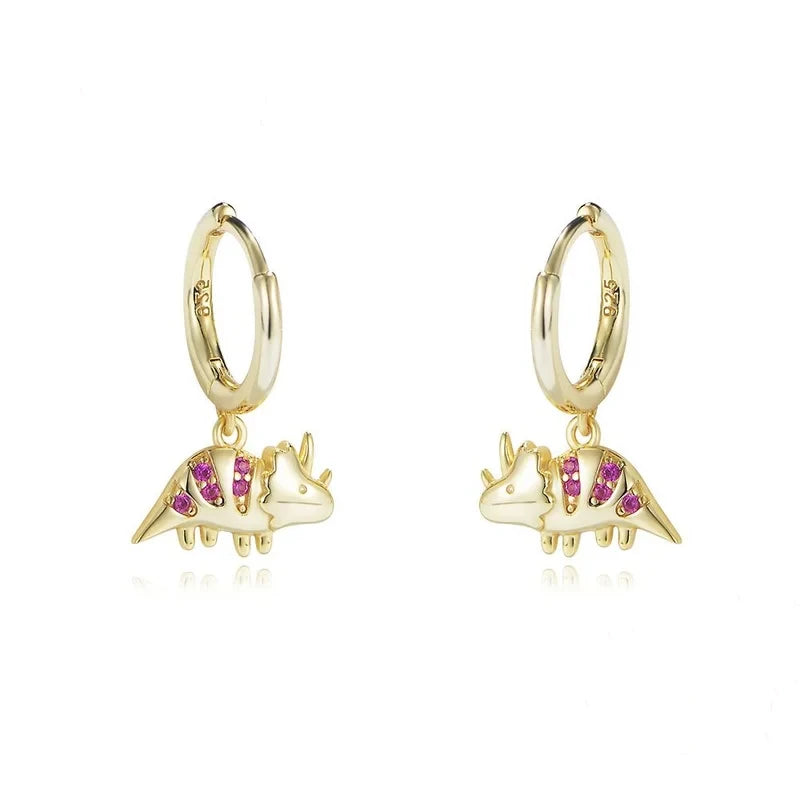 Gold Plated Dinosaur Dangle Hoop Earrings