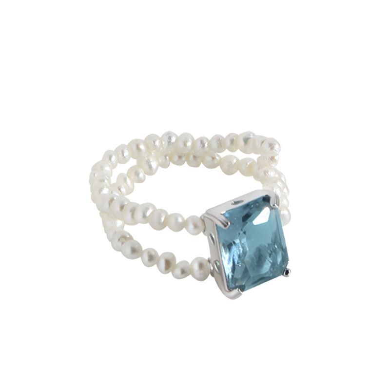 Geometry Blue Rectangle Crystal & Pearl 925 Sterling Silver Ring