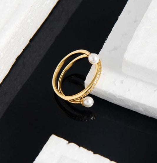 Double Layer Shell Pearl Adjustable Ring