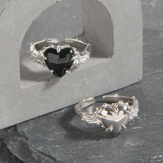 Black Agate Love Heart CZ 925 Sterling Silver Adjustable Ring