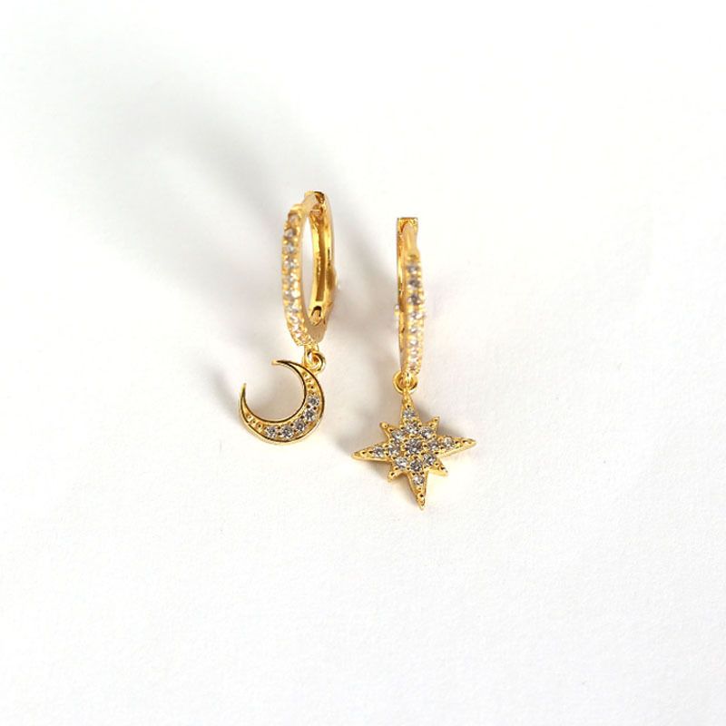 Asymmetrical Star and Crescent Moon Crystal Sterling Leverback Earrings