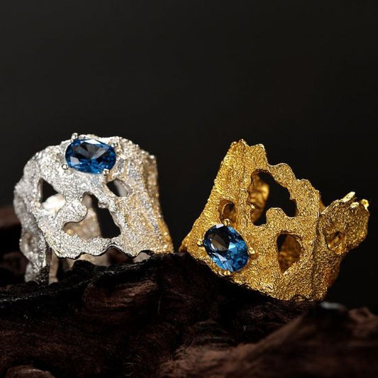 Blue CZ Hollow Wide Sterling Silver Adjustable Ring