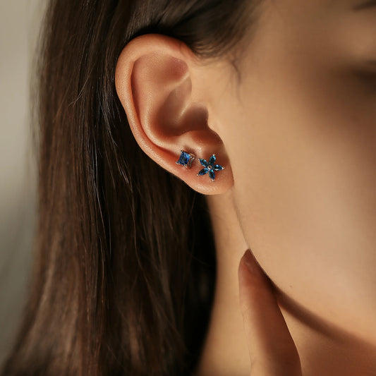 Sterling Silver Asymmetrical Flower Blue Stud Earrings