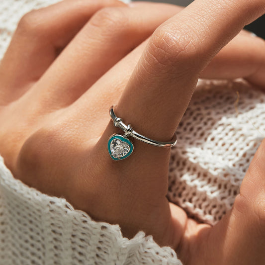 Sterling Silver Green Enamel Heart Charm Ring