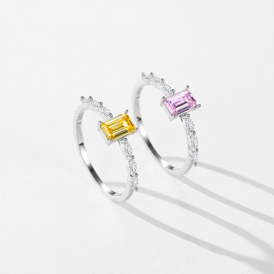 Emerald Cut Pink and Yellow Ring in Sterling Silver