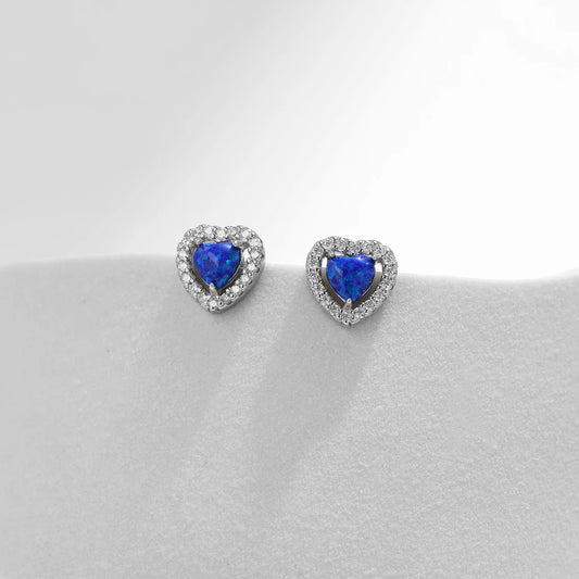 Sterling Silver Sparkling Hearts Blue Opal Stud Earrings