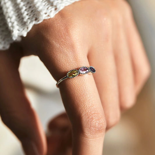 Sterling Silver Oval Three Stone Ring