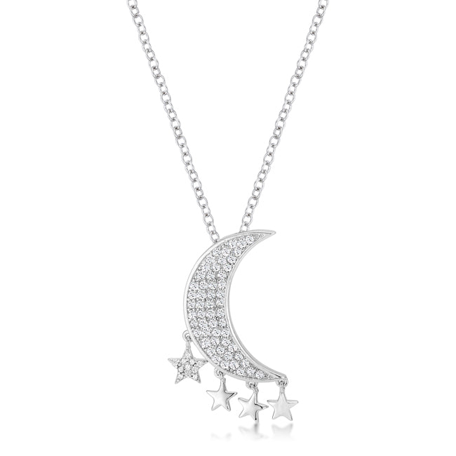 0.6 Ct Dazzling Rhodium Moon and Stars Necklace with CZ