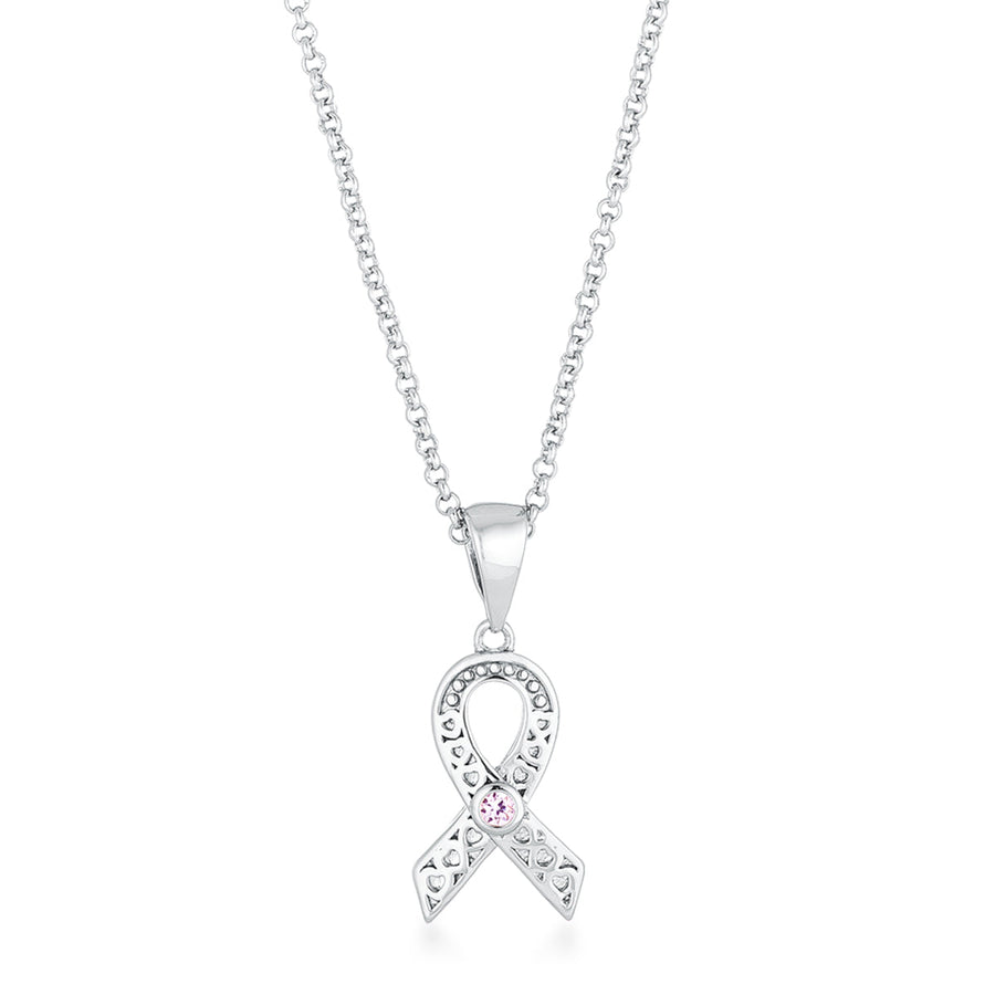 Rhodium Plated Heart Filigree Breast Cancer Ribbon Pendant