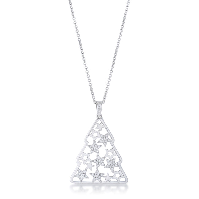 Rhodium Christmas Tree Pendant with Mixed Stars and Crystal