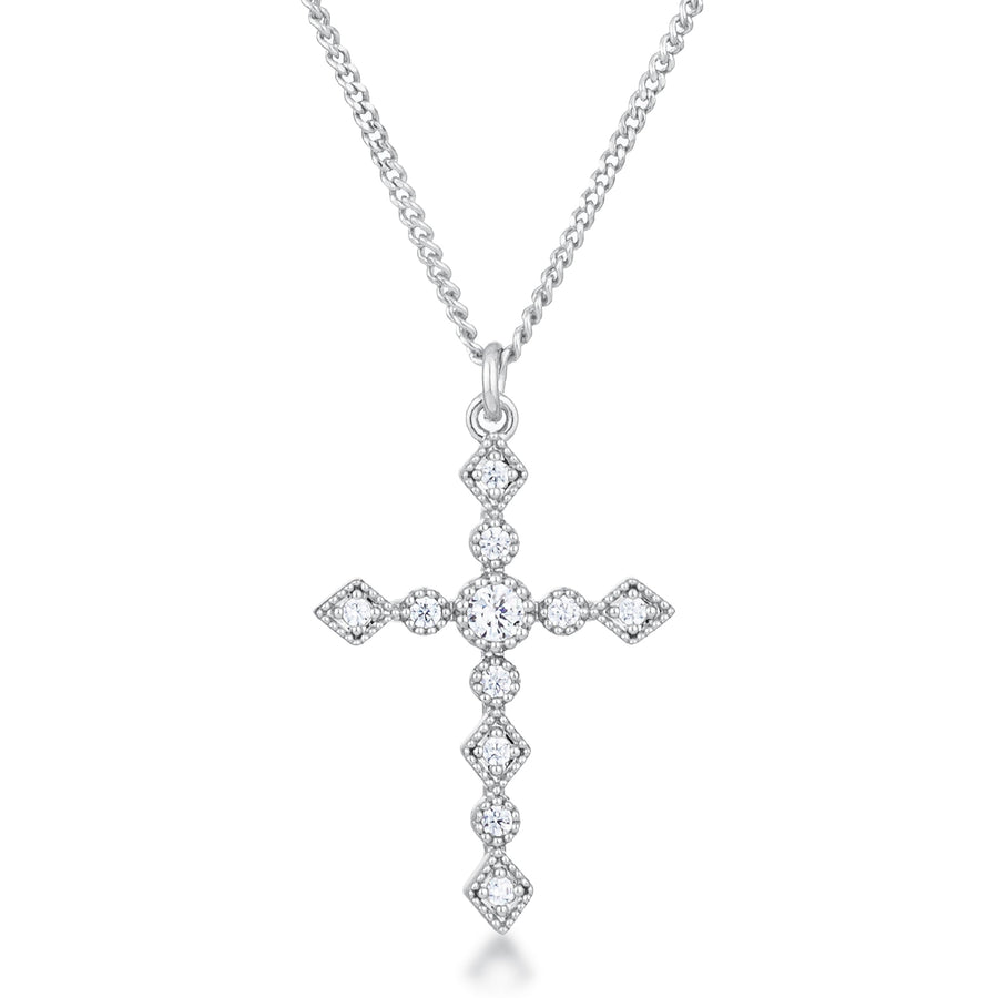 Art Deco Rhodium-Plated Clear Crystal Cross Pendant
