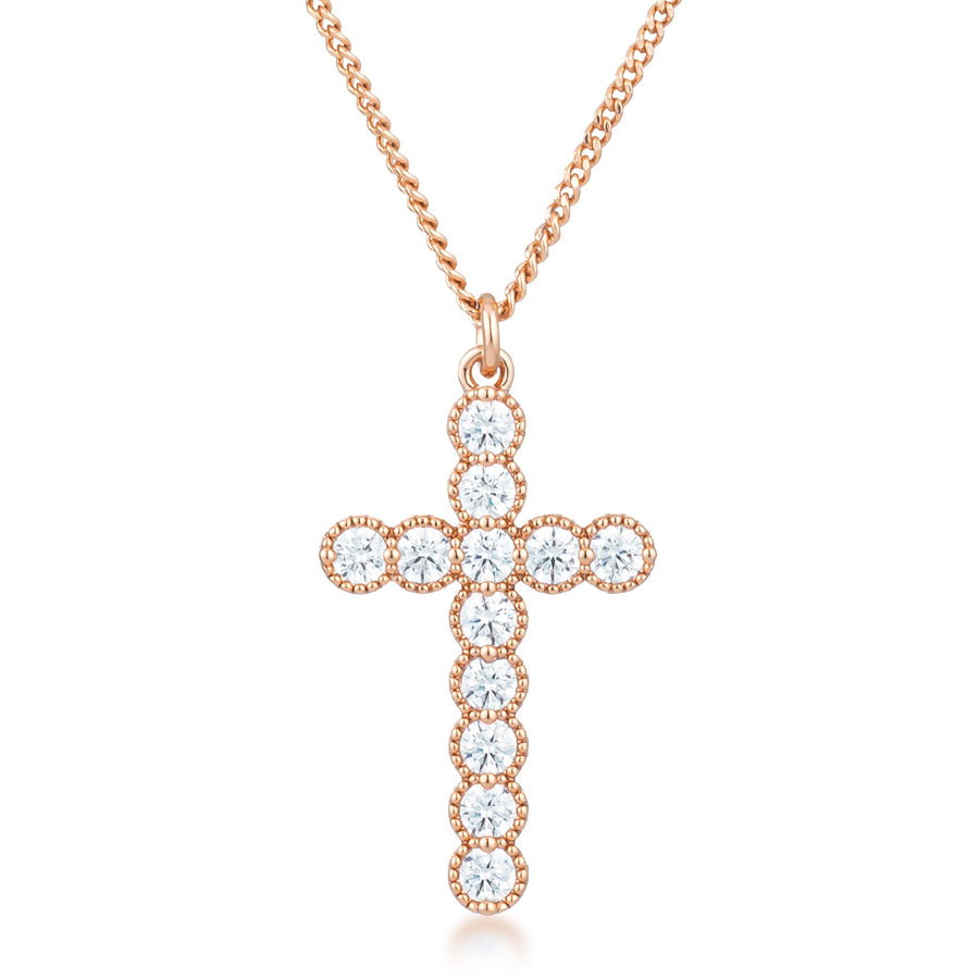 Rose Gold Micro-Beaded Clear Crystal Cross Pendant