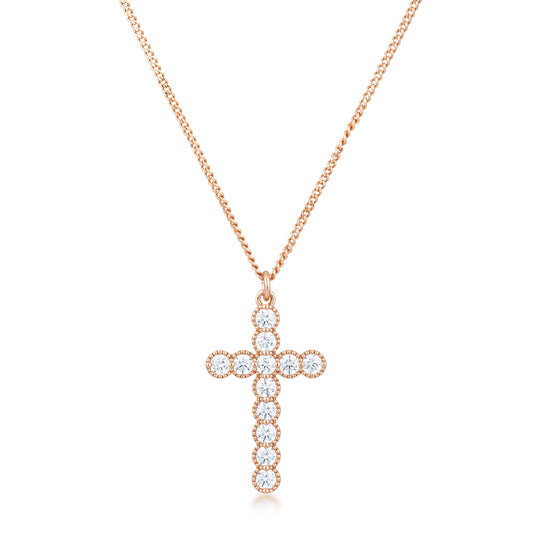 Rose Gold Micro-Beaded Clear CZ Cross Pendant