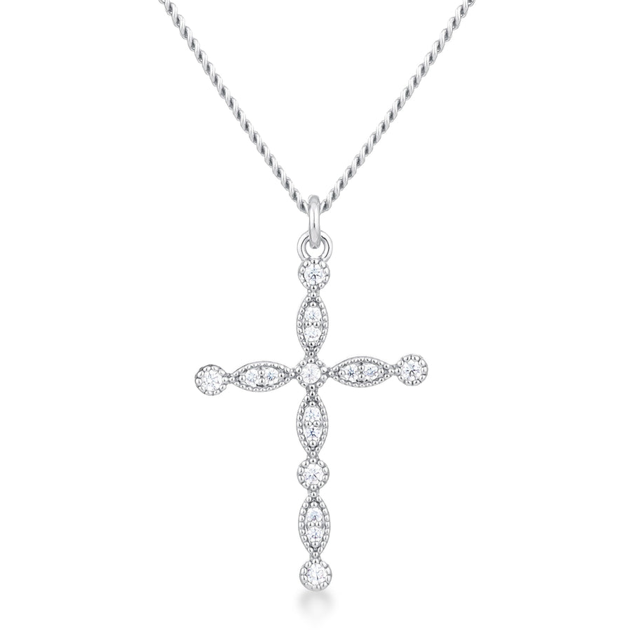 Delicate Rhodium Plated Clear Crystal Cross Pendant