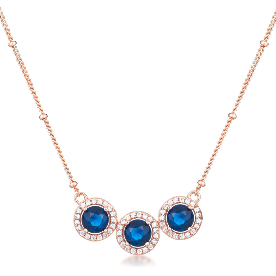 Sapphire Blue Tri-Halo Crystal Pendant, Rose Gold Plated