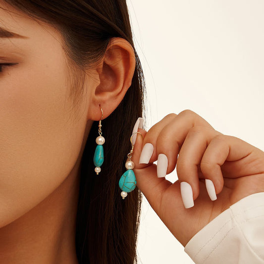Sterling Silver Natural Turquoise Shell Pearl Drop Earrings
