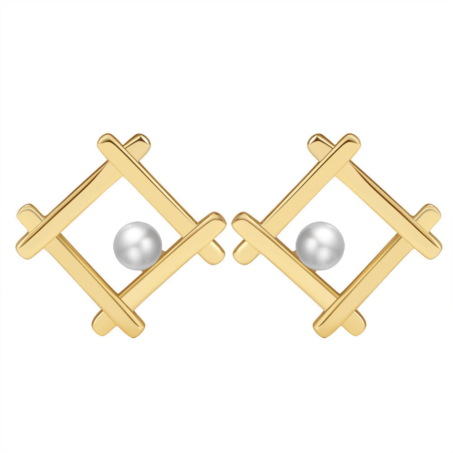 Gold Plated Sterling Silver Square Pearl Stud Earrings