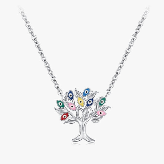 Sterling Silver Tree of Life Necklace with Colorful Evil Eyes