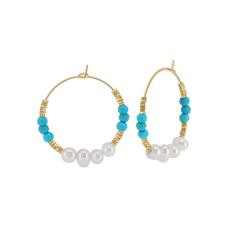 Gold Plated Sterling Silver Natural Turquoise Pearl Hoop Earrings