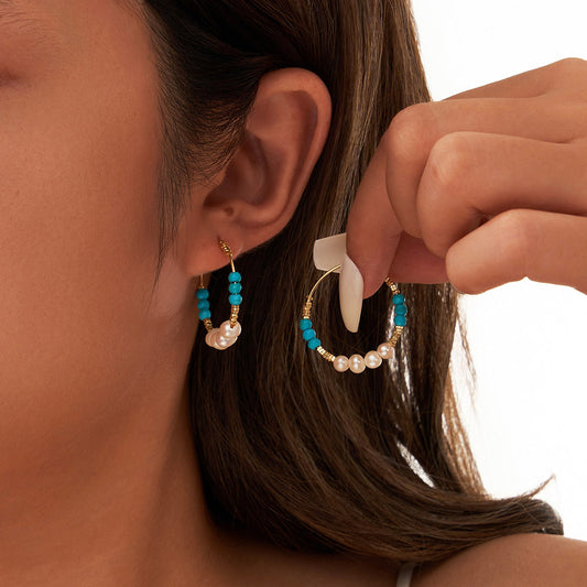 Gold Plated Sterling Silver Natural Turquoise Pearl Hoop Earrings
