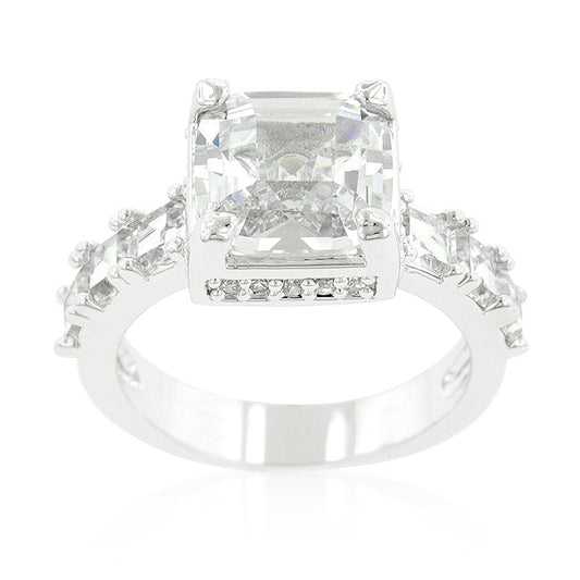 Asscher Cut Engagement Ring in Rhodium Finish