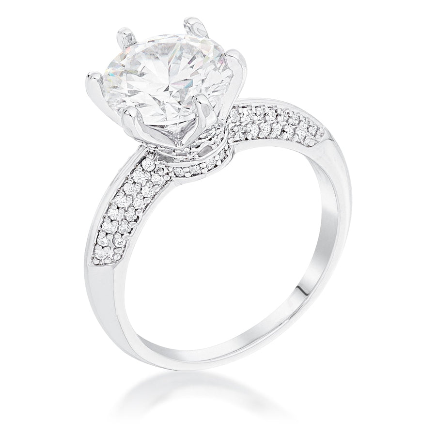 Rhodium Plated Clear Crystal Solitaire Quad Micropave Ring