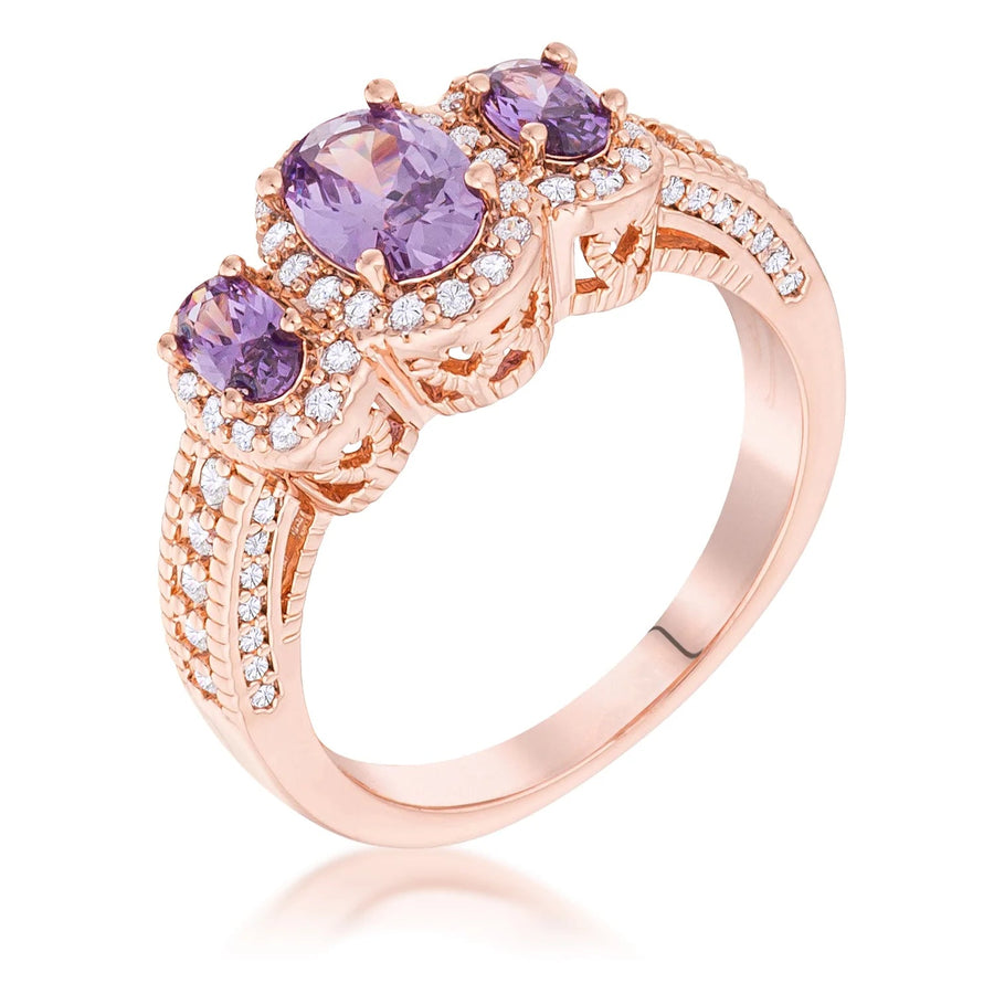 Rose Gold Plated 3-Stone Amethyst Oval Crystal Halo Ring