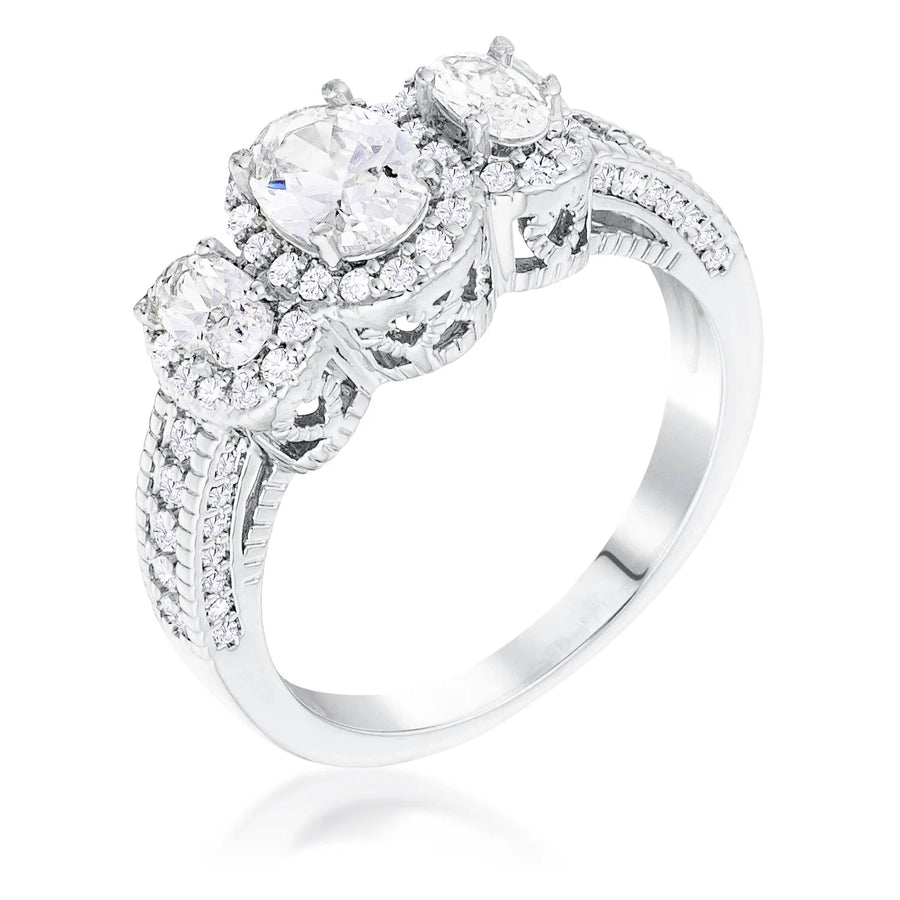 Rhodium Plated 3-Stone Clear Oval Crystal Halo Ring