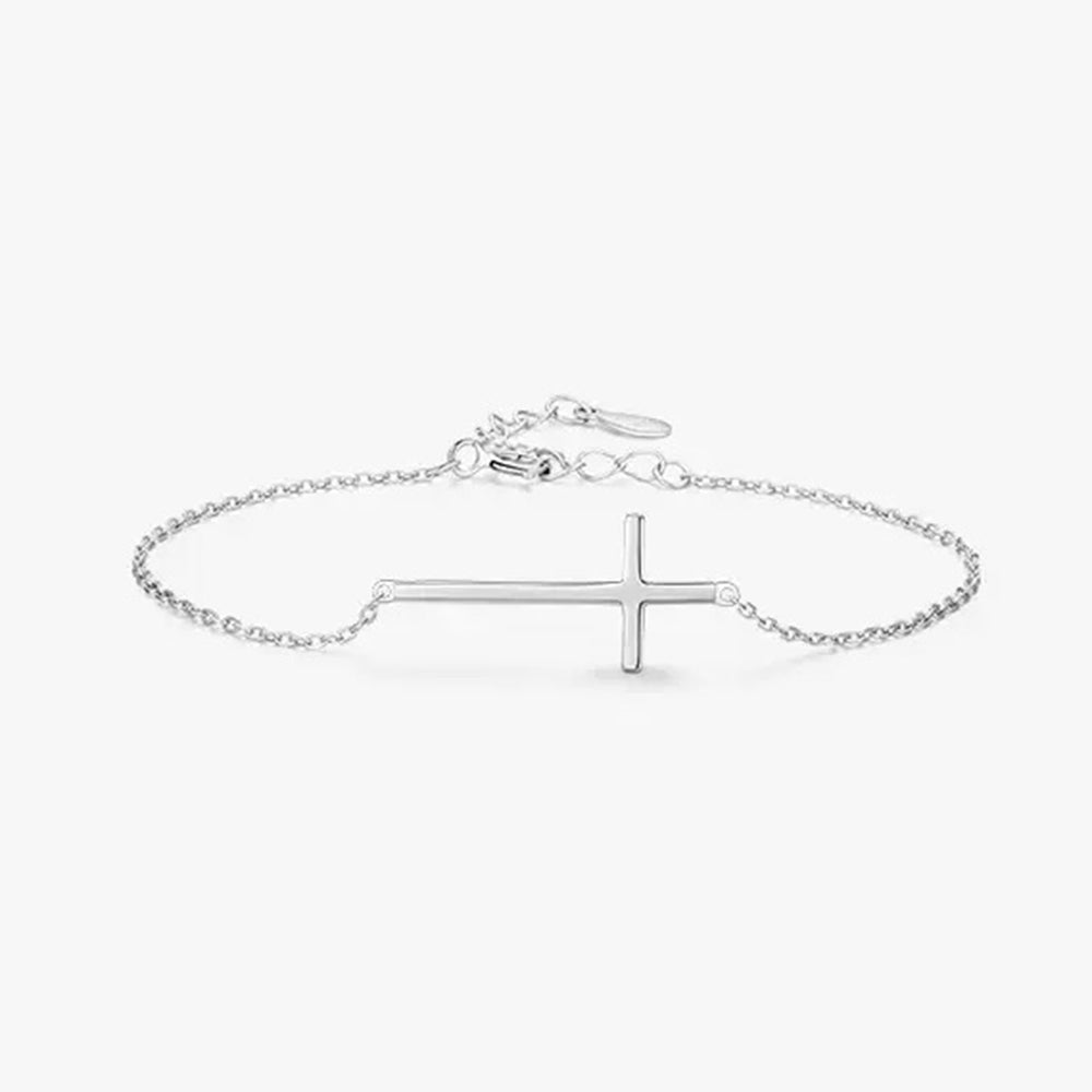 Rhodium Plated Sterling Silver Minimalist Cross Bracelet