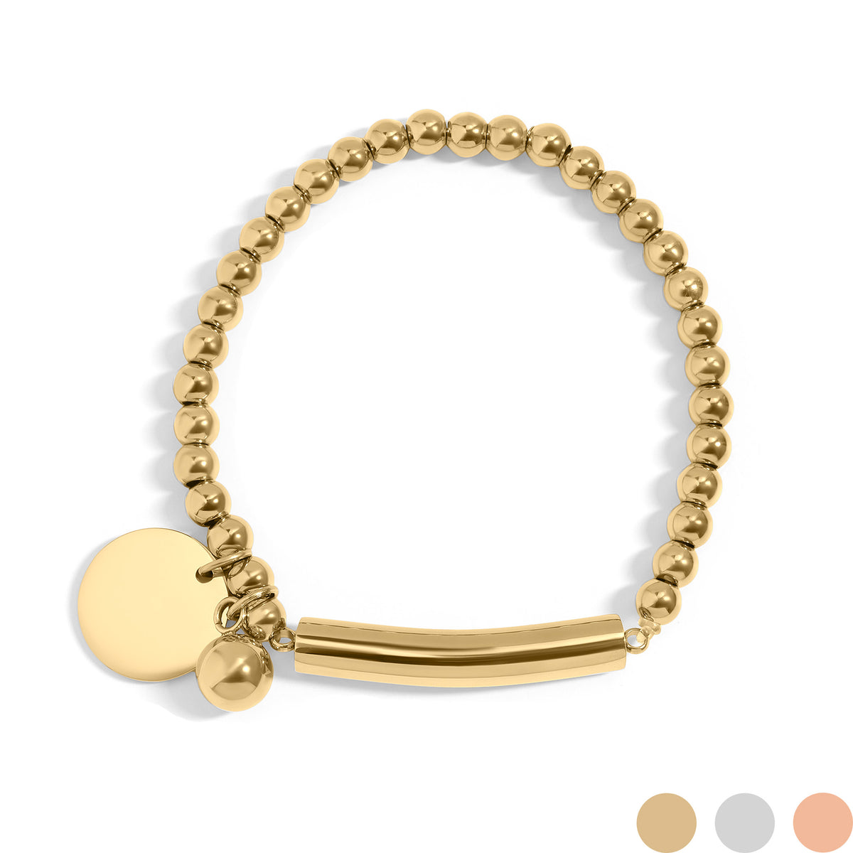18K Gold PVD Beaded Stretch Bracelet with Engravable Charm